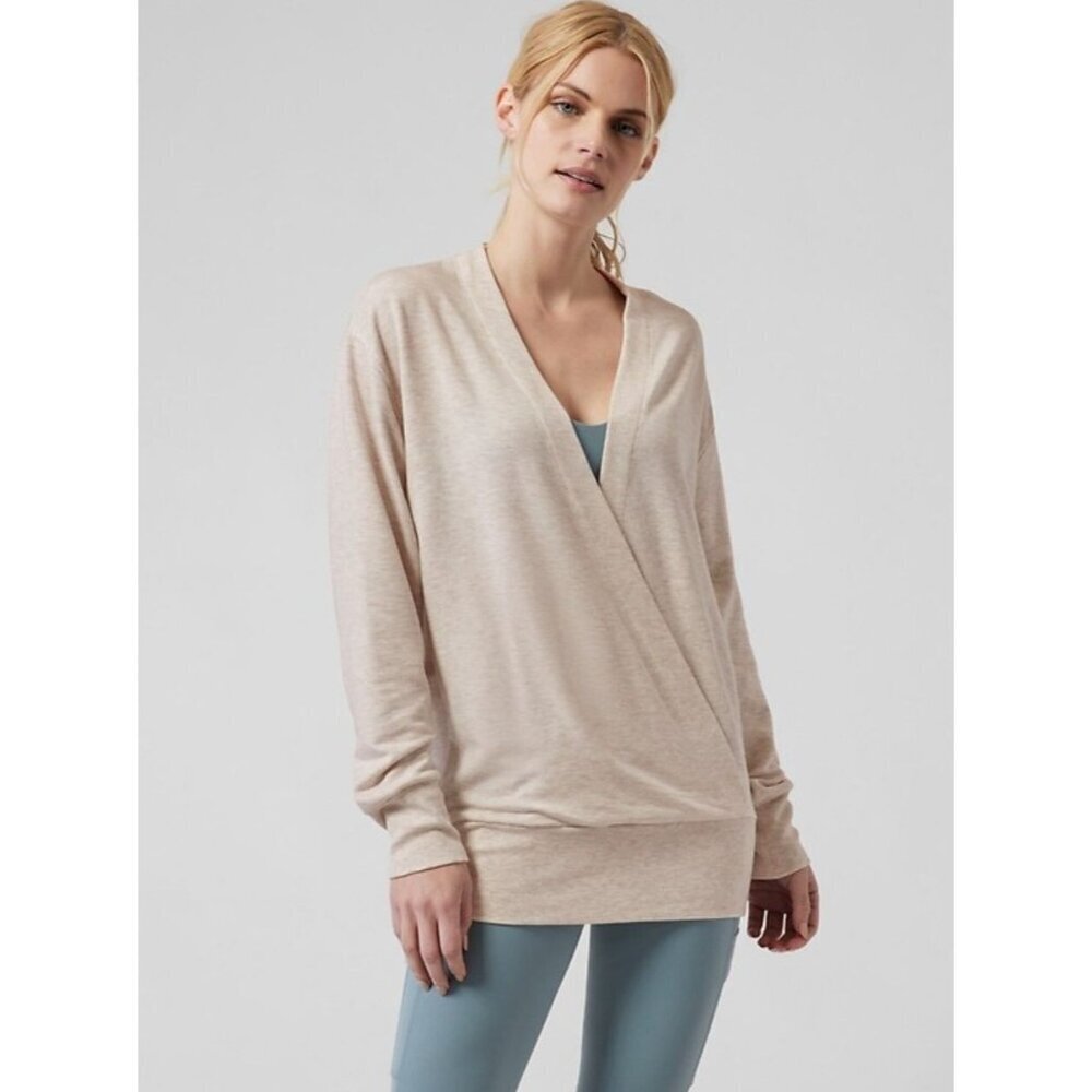 Athleta Purana V Neck Wrap Sweatshirt Women's XS Toasted Brown Heather Ballet
